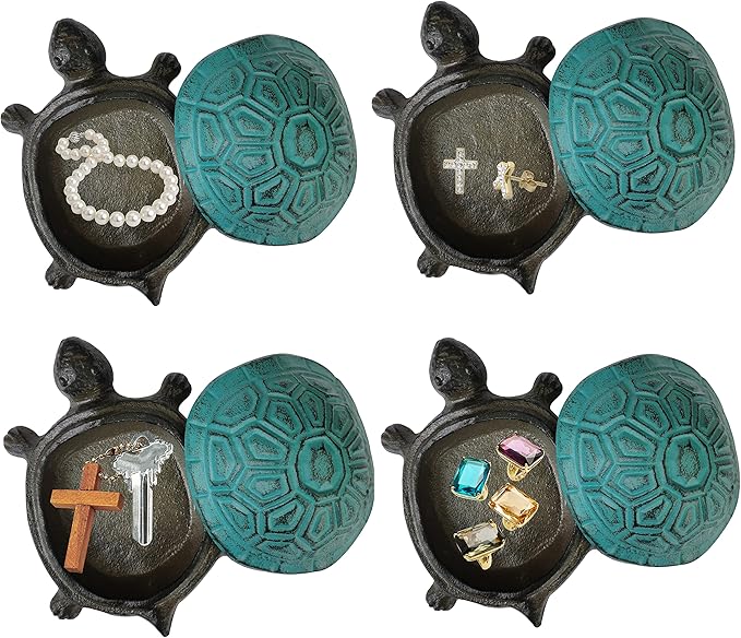 BSTGIFTS Cast Iron Turtle Key Hider - Spare Key Holder - Garden Decoration Turtle, Jewelry Trinkets Box for Key, Ear Studs, Ring, Paper Clip (Antique Blue)