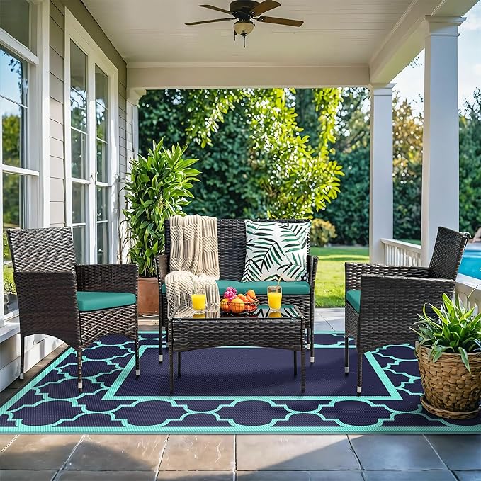 GENIMO 5 ' x 8 ' Outdoor Rug for Patio, Waterproof Indoor Outdoor Plastic Straw Rugs Carpet, Reversible Outside Area Mat for Camping, Balcony Porch, Deck, Picnic, Beach Navy Blue & Jade Green