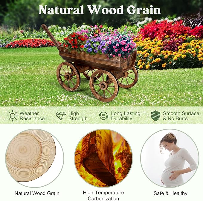 Wood Wagon Planter for Outdoor Balcony Decor - Garden Rustic Wooden Flower Cart with Wheels for Outside Garden Decor Wheelbarrow Planter for Patio