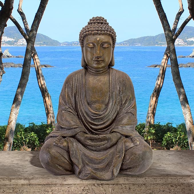 Design Toscano Meditative Asian Decor Grand Temple Indoor/Outdoor Garden Statue, Medium, 25 inches tall, Cast Stone Resin, Dark Stone Finish