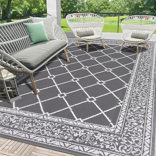 HEBE Outdoor Rug Waterproof 9x12, Reversible Plastic Straw Rug RV Camping Rug, Indoor Outdoor Patio Mat Clearance, Outside Carpet for Porch,Deck,Camper,Balcony,Backyard,Picnic