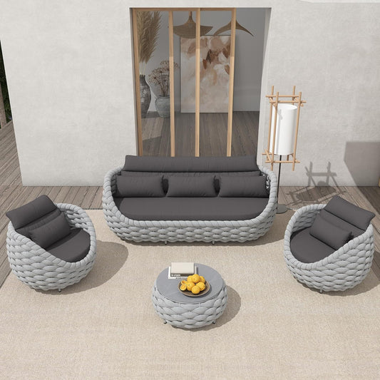 TWT Aluminum Patio Furniture Set Three Seater Sofa Outdoor Furniture Set w/Coffee Table,Patio Conversation Set with Hand Woven Polyester Rope for Bedroom Backyard Poolside, Grey