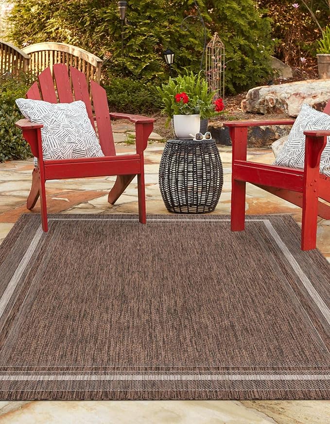 Unique Loom Outdoor Border Collection Area Rug - Soft Border (2' x 3' 1" Rectangle, Brown/ Ivory)