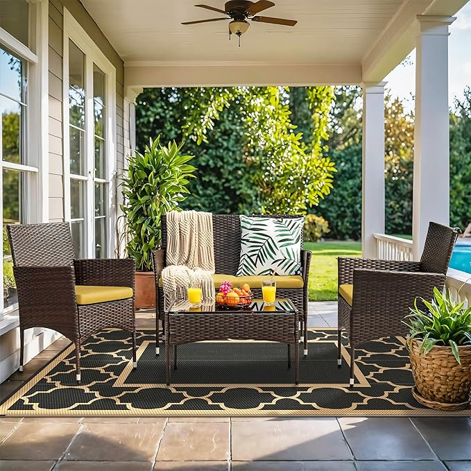 GENIMO 5' x 8' Outdoor Rug Waterproof for Patio Decor, Foldable Reversible Plastic Straw Area Rugs Mat for Camper, Outside Carpet for Rv, Deck, Porch, Picnic, Beach, Balcony, Black & Brown