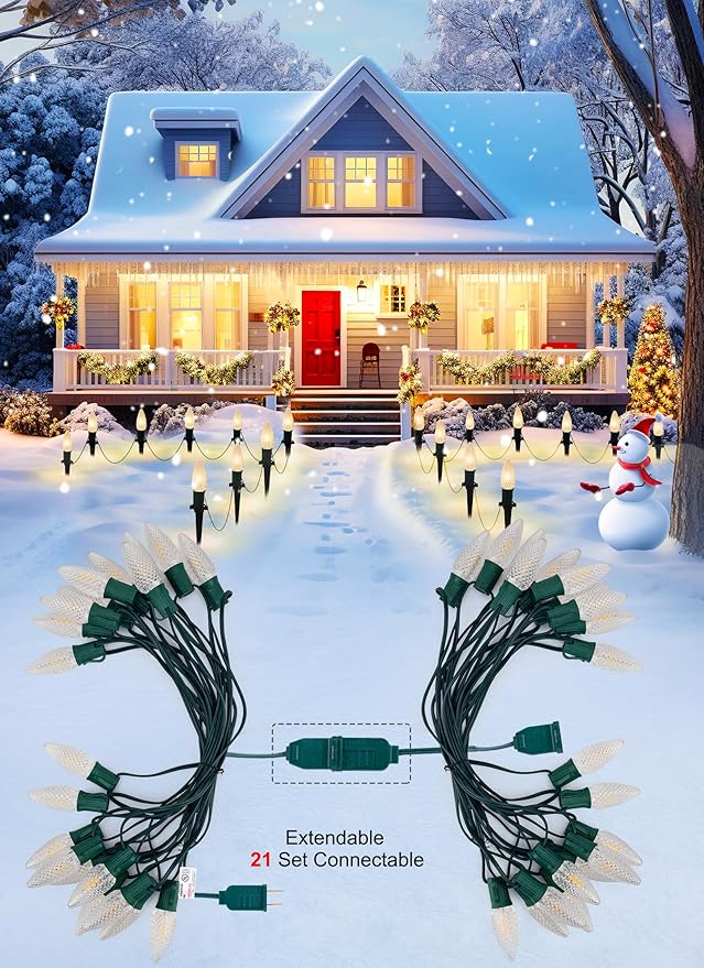C9 Christmas Pathway Lights Outdoor, 25.7 Feet 20 LED C9 Strawberry Walkway Lights with Marker Stakes, Connectable Shatterproof C9 String Lights for Lane Outside Yard Decorations, Warm White, 4 Pack