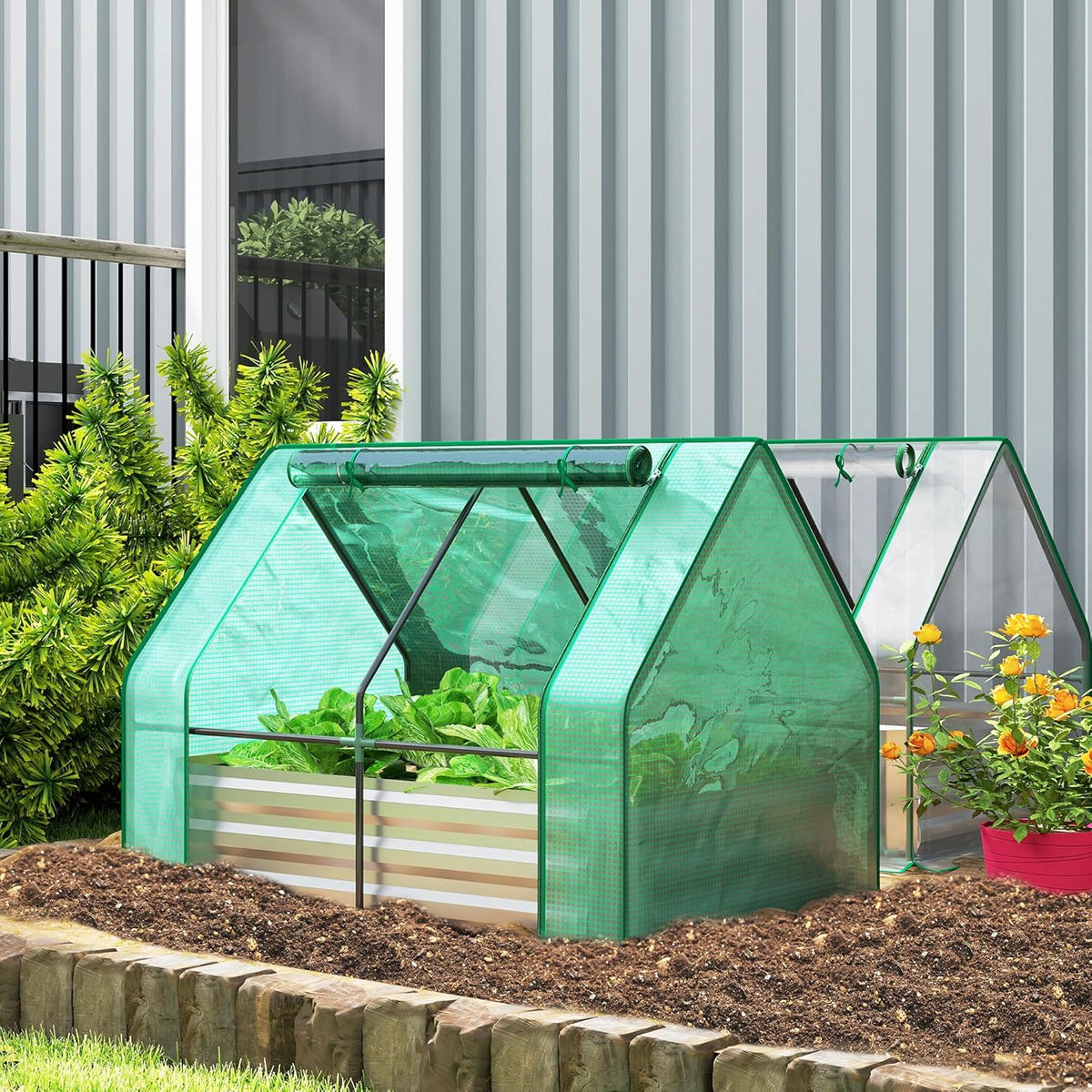 Outsunny 4 x 3 x 3ft Raised Garden Bed with Mini Greenhouse, Galvanized Raised Garden Bed with Cover for Herbs and Vegetables, Small Greenhouse for Patio Garden Balcony, Green