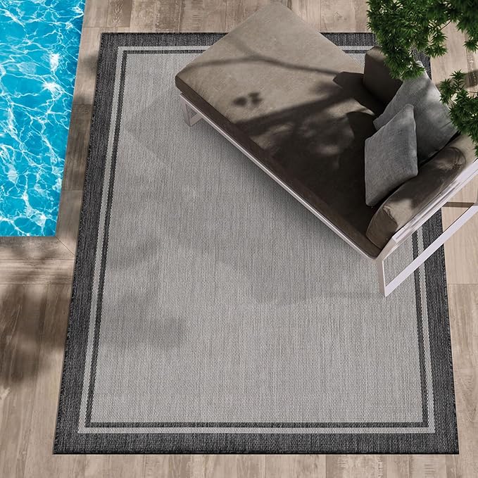 CAMILSON Indoor Outdoor Rug, 6x9 Bordered Gray Modern Area Rugs for Indoor and Outdoor Patios, Kitchen and Hallway Mats, Washable Porch Deck Outside Carpet (Bordered Grey, 6 x 9)