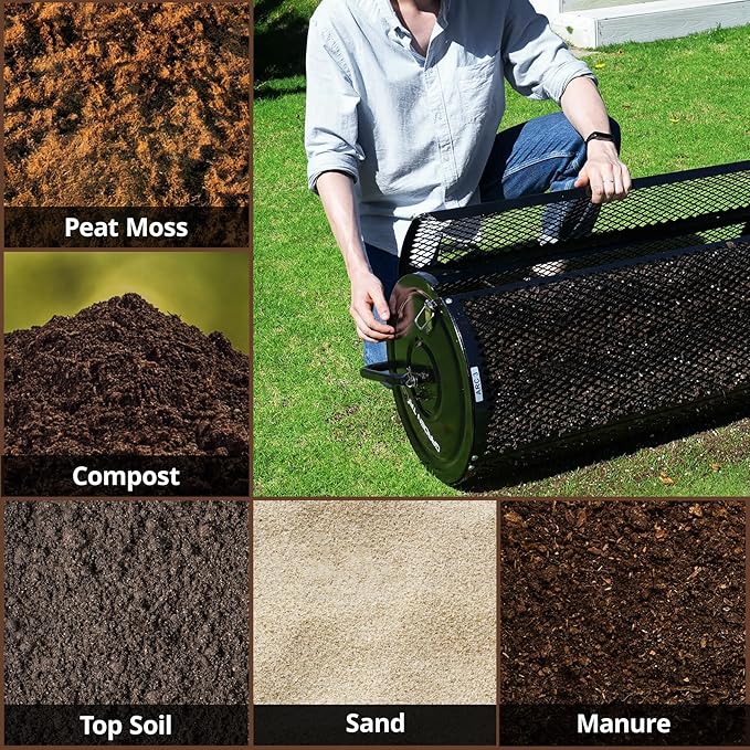 Compost Spreader 36 Inch Towable Peat Moss Spreader with Installation Support Accessories, Metal Mesh Roller Lawn Spreader for Top Soil, Manure, Mulch, Top Dressing - Garden spreaders for lawns
