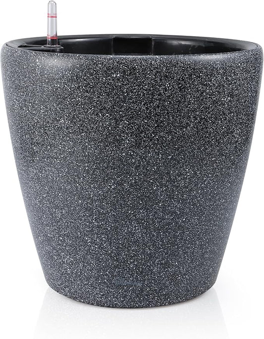 Dexceder 13x12 Self Watering Planter with Wheels Indoor Outdoor, Inner Pot Design, Thickened Large Floor Standing Flower Plant Pot with Water Level Indicator (Stone Matte)