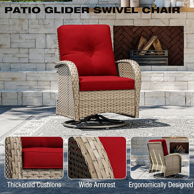 Joyside Outdoor Swivel Rocker Chairs, 6 Piece Wicker Patio Set with Thick Cushion and Side Table, Rattan Patio Swivel Rocking Chairs for Porch, Deck Use (Natural/Red, 6 PCS)