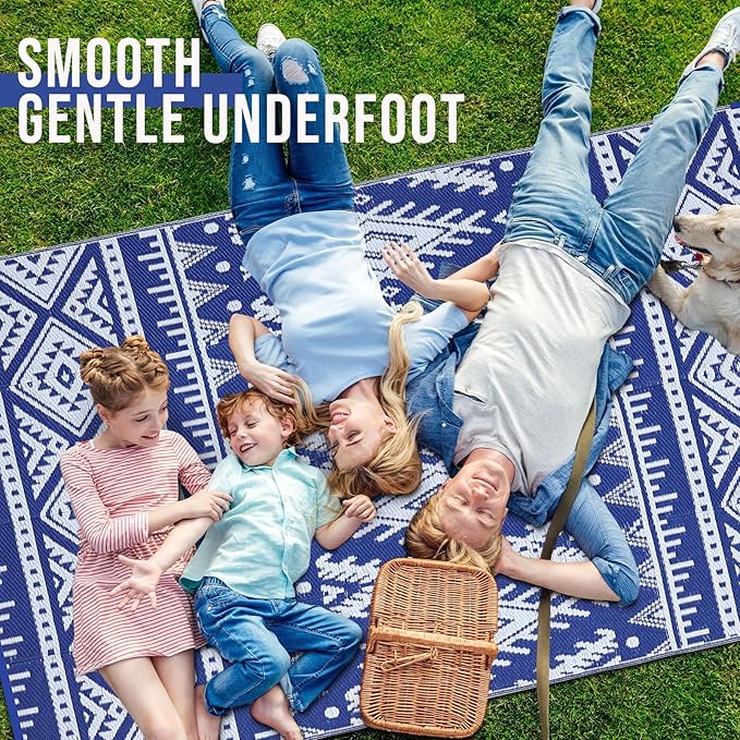 OLANLY Outdoor Rug Waterproof 8x10 ft, Reversible Outdoor Plastic Straw Rug, Boho Patio Rug, Indoor Outdoor Carpet, RV Mat Outside for Patio, Camp, Picnic, Balcony, Deck, Backyard, Blue & White