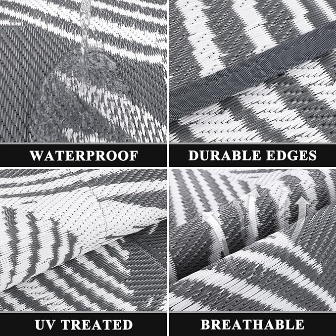 Pauwer Waterproof Outdoor Rug 9x12, Reversible Plastic Straw Patio Camping Rug, Indoor Outdoor RV Mat Carpet for Deck, Camper, Porch, Balcony, Backyard, Picnic, Leaf Grey