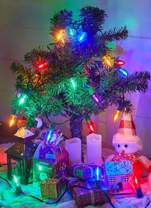 Multicolor C7 LED Christmas String Lights, 100FT C7 Vintage Christmas Lights with 104 Bulbs(4 Spare), Commercial Connectable Christmas Tree Lights for Xmas Holiday Roofline Garden Wedding Decor
