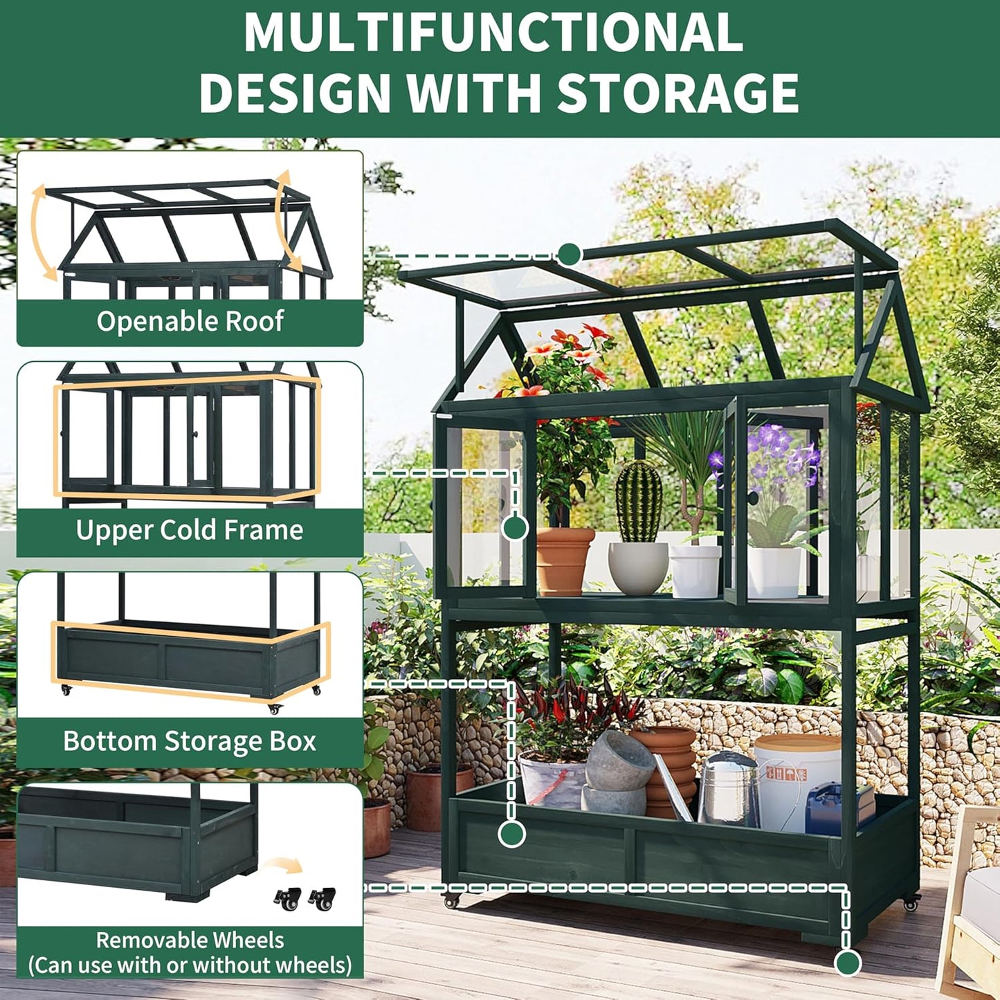 Portable Wooden Cold Frame Greenhouse with Wheels - 47" Mini Greenhouse with Adjustable Roof, Storage Box & Polycarbonate Panels - Plant Protector for Seedlings, Herbs & Winter Gardening (Green)