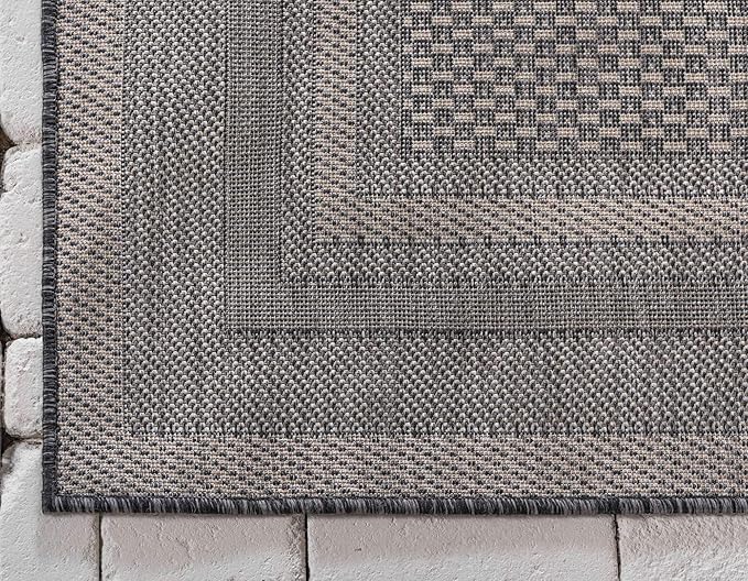 Unique Loom Outdoor Border Collection Area Rug - Soft Border (9' x 12' Rectangle, Black/ Ivory)