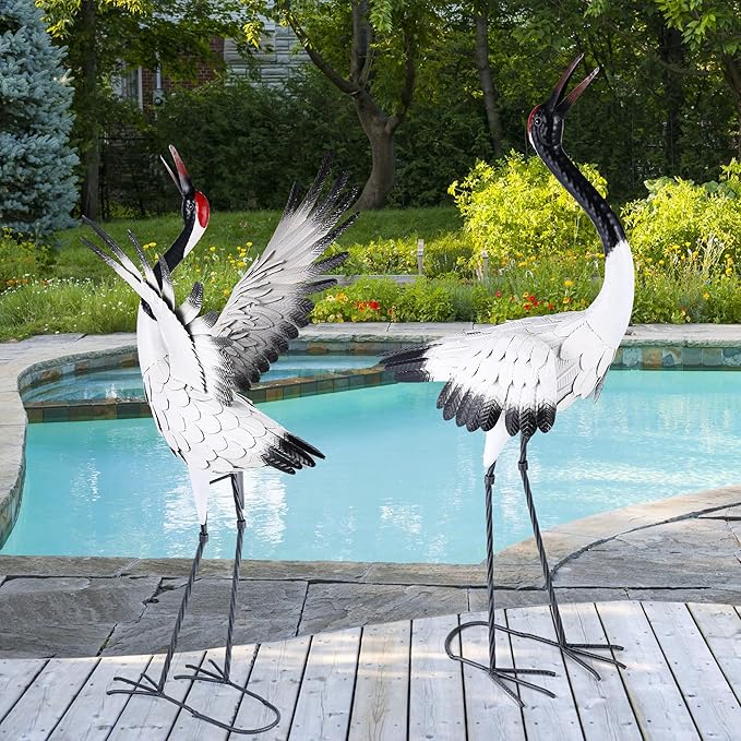 chisheen Crane Garden Statues Outdoor Metal Heron Yard Art Crane for Garden Sculptures Patio Lawn Ornaments,Set of 2
