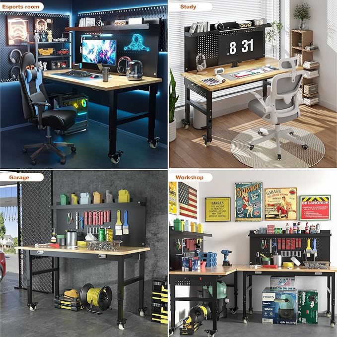 48" Heavy Duty Adjustable Workbench with Large Pegboard, Adjustable Work Table with Power Outlets & Lockable Wheels, Rubber Wood Workstation for Garage, Workshop, Office, Home, Commercial