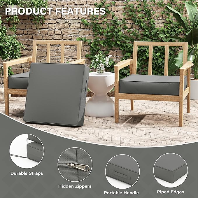 Patio Chair Cushions 24 X 24 X 5 Inch Waterproof Outdoor Seat Cushions for Patio Furniture, Outdoor Sofa Couch Pads with Ties & Handle, Set of 2, Light Grey