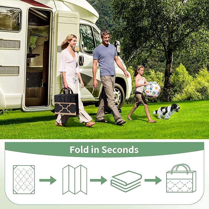 GENIMO Outdoor Rug 9' x 12' Patio Waterproof, Foldable Reversible Plastic Straw Area Rugs Mat for Camper Decor, Outside Carpet for Rv, Deck, Porch, Picnic, Beach, Balcony, Black & Brown