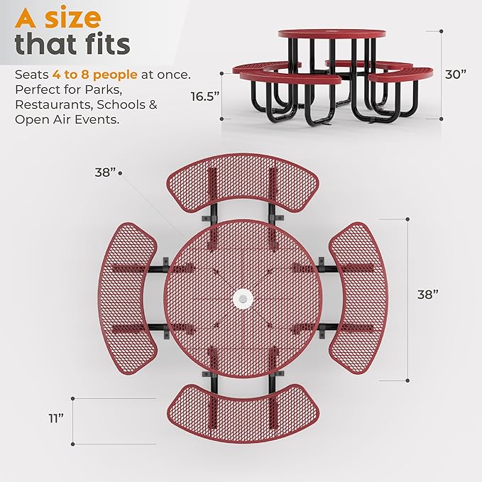 Metal Picnic Tables for Outdoors with Umbrella Hole - Coated Steel Heavy Duty Commercial Grade Table with Adjustable Seats (Red, 38 in, Round, Expanded Steel)