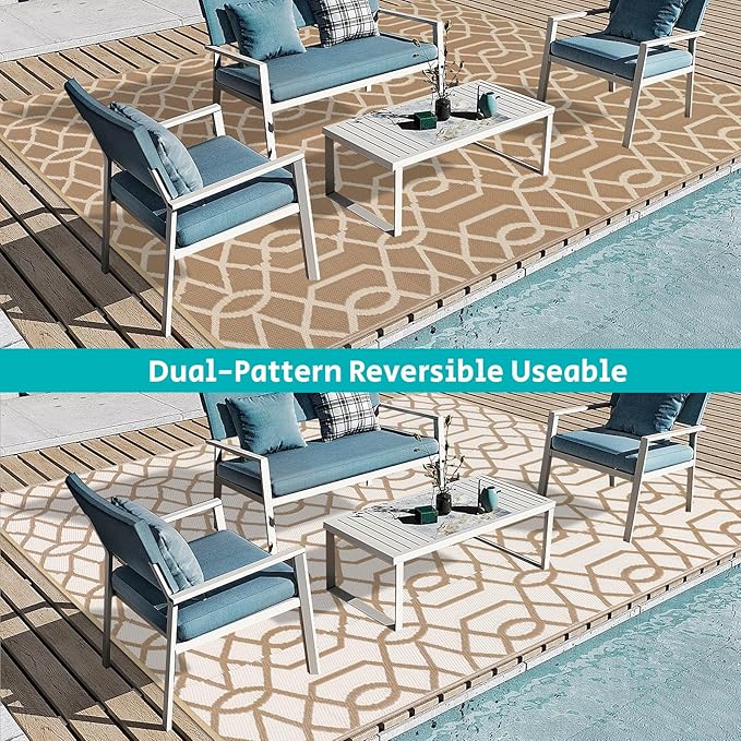 HEBE Outdoor Rug Waterproof 9x12, Reversible Plastic Straw Rug RV Camping Rug, Indoor Outdoor Patio Mat Clearance, Outside Carpet for Porch,Deck,Camper,Balcony,Backyard,Picnic