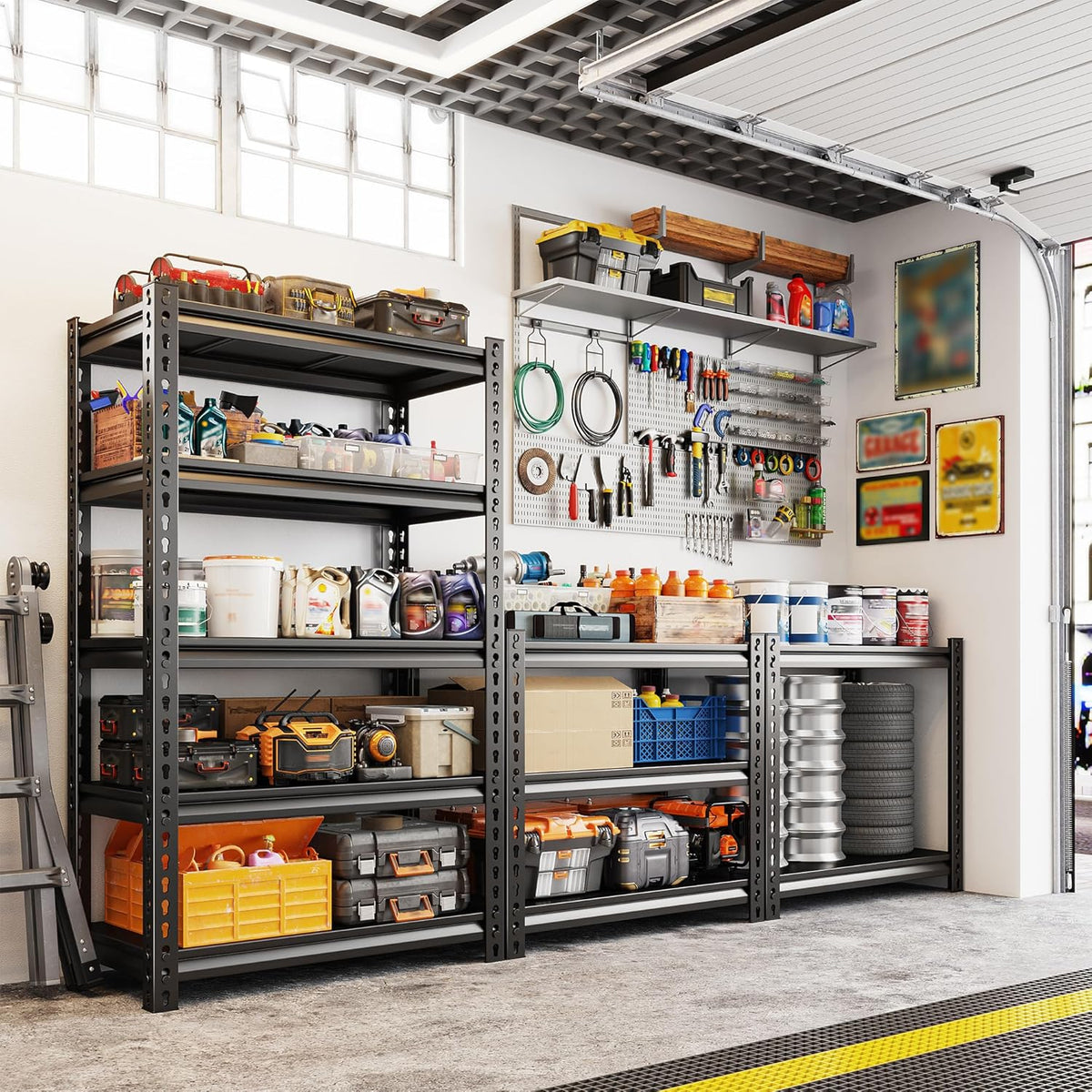 REIBII Storage Shelves, 2000LBS Garage Shelving Heavy Duty, 5 Tier Adjustable Metal Shelving for Garage, Warehouse, Pantry, Kitchen, Basement, 12" D x 27.5" W x 60" H, Black