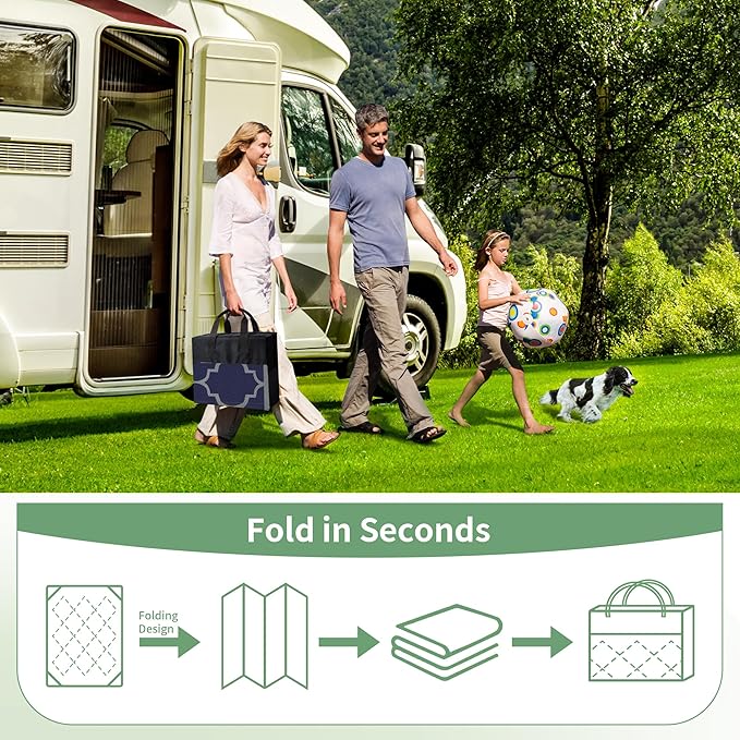 GENIMO Outdoor Rug 5' x 8' Patio Waterproof, Foldable Reversible Plastic Straw Area Rugs Mat for Camper Decor, Outside Carpet for Rv, Deck, Porch, Picnic, Beach, Balcony, Blue & Grey