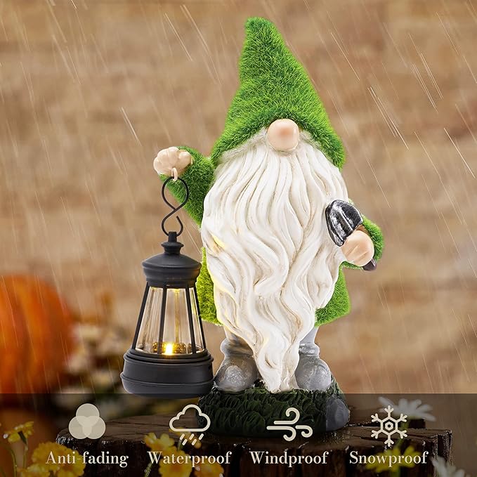 TERESA'S COLLECTIONS Christmas Outdoor Statue for Home, Resin Gnome Decorations with Solar Outdoor Lights for Garden Decor,Green Garden Sculptures & Statues for Front Patio Lawn, Gifts for Mom,12"