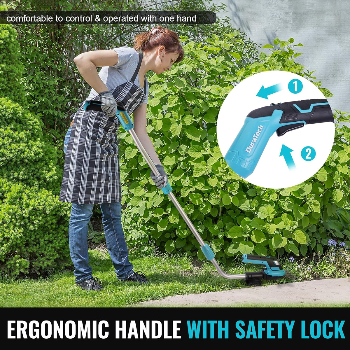 DURATECH Cordless Hedge Trimmer, 7.2V 3-in-1 Handheld Electric Grass Trimmer & Hedge Shears with 50" Wheeled Extension Pole, USB Type-C Cable and Built-in Li-ion Battery, for Garden, Yard and Lawn