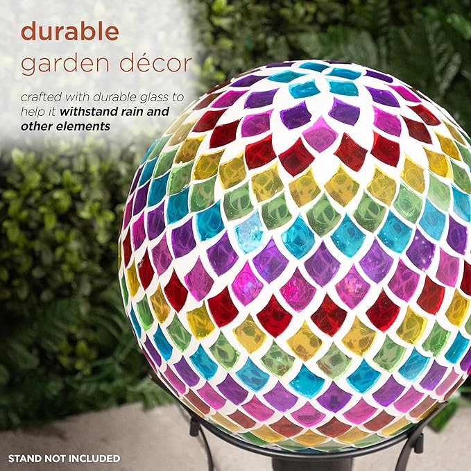 Alpine Corporation HMD220 Glass Gazing Globe w/Mosaic Teardrop Design, Decorative & Elegant Garden Art, 12" H, Multicolor