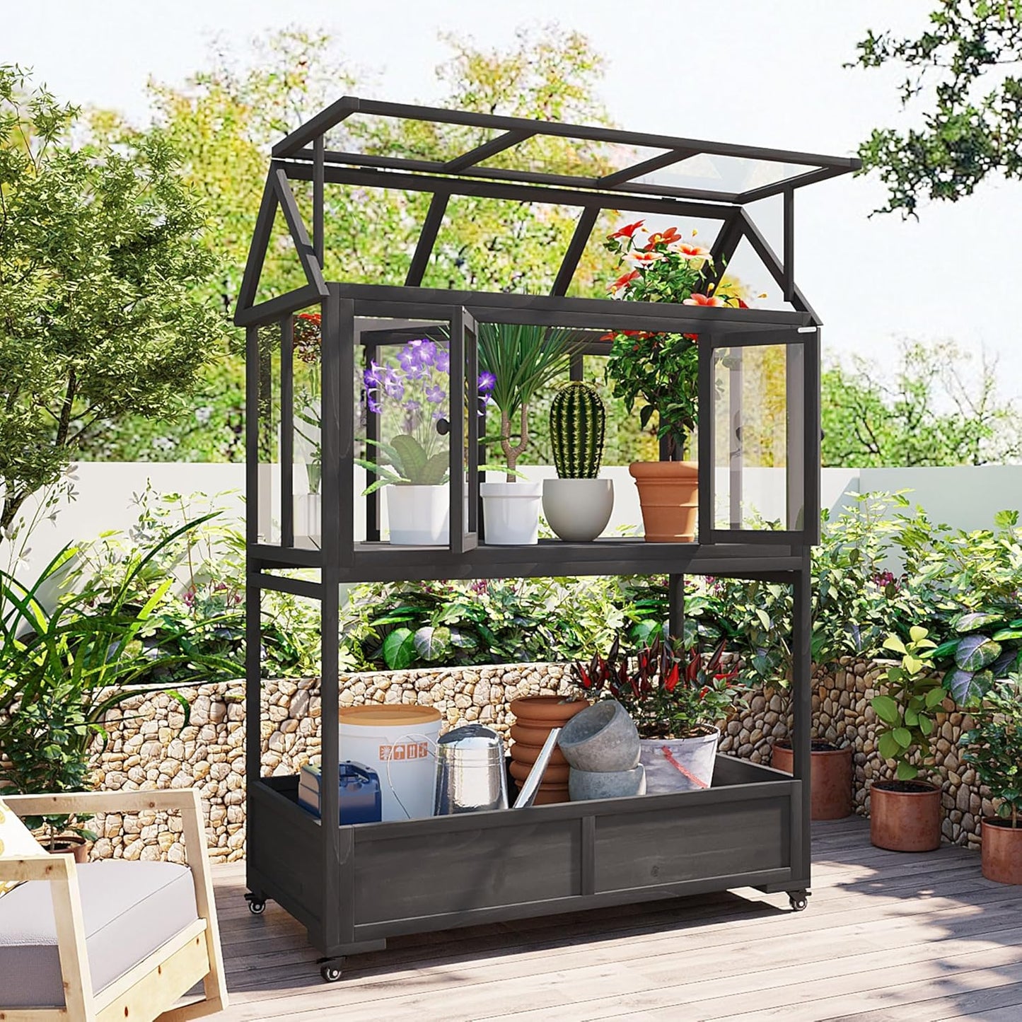 Merax Wood Garden Portable Cold Frame, Flower Plants Shelf with Movable Wheels, Mini Greenhouse with Openable Roof and Storage Box, Black
