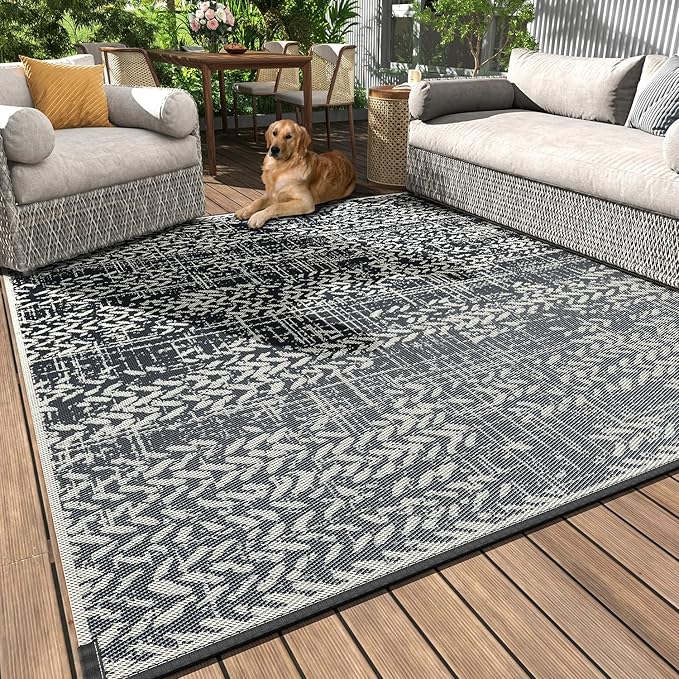 MontVoo Outdoor Rug Waterproof-Patio Rug Mat 5x8 Outdoor Carpet Reversible RV Camping Picnic Plastic Straw Rug Outside Outdoor Area Rug for Balcony Deck Backyard Patio Decor Boho Modern Abstract