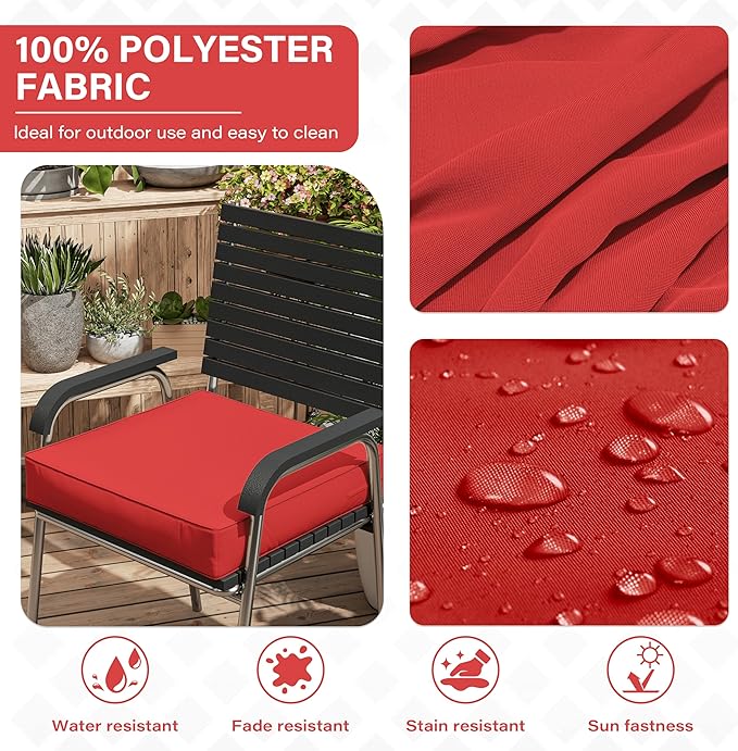 Patio Chair Cushions 18.5 X 16 X 4 Inch Waterproof Outdoor Seat Cushions for Patio Furniture, Outdoor Sofa Couch Pads with Ties & Handle, Set of 2, Red