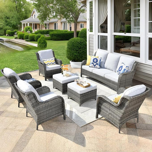 ovios 7 Pieces Patio Furniture Set, Outdoor Wicker Sofas with 4 Chairs, Ottomans and Comfy Cushions, All Weather High Back Couch Set for Deck Porch, Grey Rattan, Grey