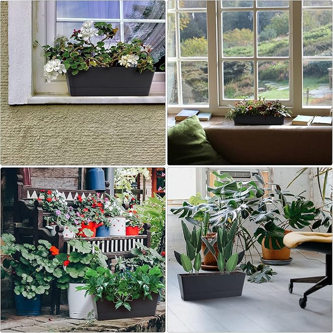 GREANER 12x3.8 Inch Herb Planters, 1 Pack Rectangle Window Boxes with Tray, Indoor Succulent Cactus Mint Plastic Pot for Windowsill, Balcony, Office, Outdoor Garden - Black