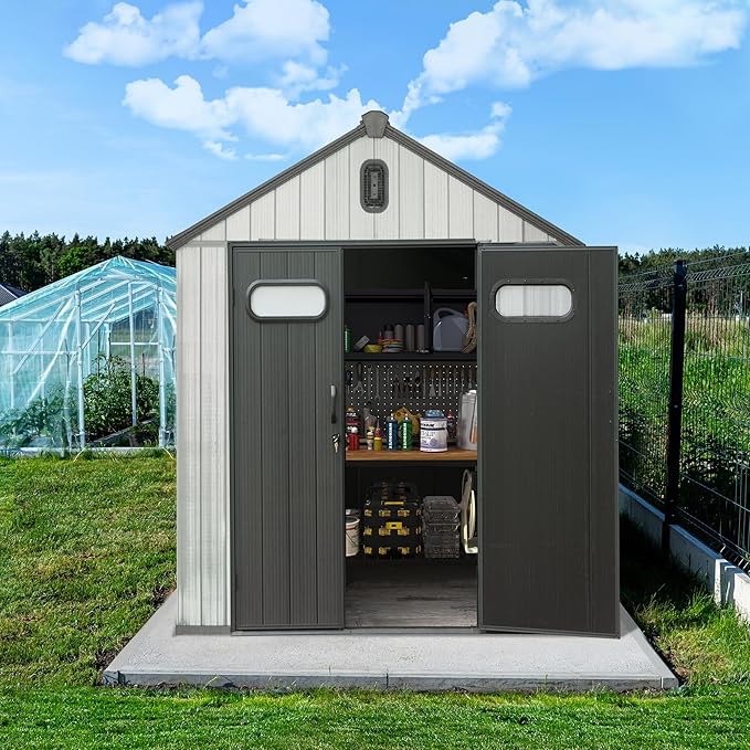 Domi 6x4 FT Outdoor Resin Storage Shed, All-Weather Double-Wall Storage Building for Backyard, Garden, Lawn Tools, Mower, Bike & Pool Equipment, Lockable Doors, Ventilated Roof, Grey