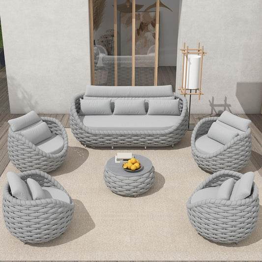 6-Piece Aluminum Patio Furniture Set, Modern Outdoor Conversation Set Sectional Sofa with Water Repellent Thick Cushions and Coffee Table for Balcony, Garden