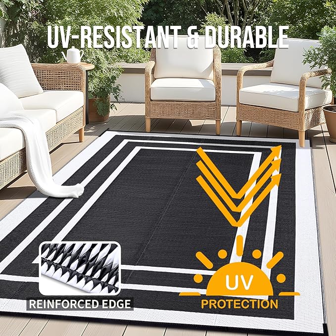OLANLY Outdoor Rug 6x9 ft Waterproof, Reversible Outdoor Plastic Straw Rug, RV Mat, Indoor Outdoor Carpet Clearance for Patio, Camping, Balcony, Deck, Backyard, Black & White