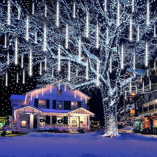 Aokudoni Christmas Lights Outdoor, Upgraded 16 inch /40cm Meteor Shower Lights 8 Tube Falling Rain Light Icicle String Lights for Xmas Tree New Year Party Wedding Decorations, UL Plug, White