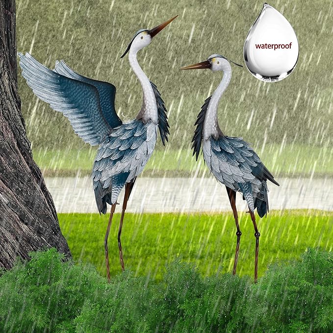 TERESA'S COLLECTIONS Garden Decor Blue Heron Yard Art, 38-42" Large Metal Cranes Sculptures & Statues Decoy for Outdoor Indoor Decorations, Outside Patio, Pool, Lawn, Set of 2, Spring,Gift for Mom