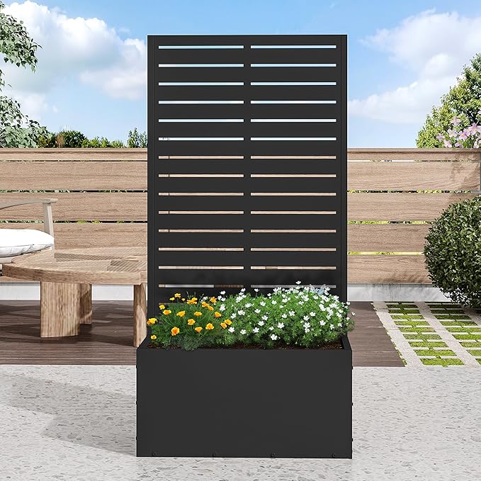 Casaphoria Metal Raised Garden Bed, 47"x24"x12" Planter Box for Climbing Plants, Vegetables & Vines, Features Drainage Holes and Privacy Screen (Black-Louvered)