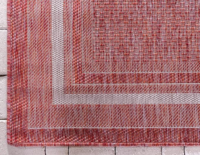 Unique Loom Outdoor Border Collection Area Rug - Soft Border (2' x 6' 1" Runner, Rust Red/ Ivory)