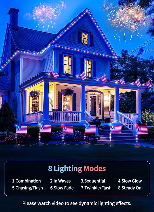 Brightown 4th of July Decorations Outdoor, Red White and Blue Lights, 6 Flag Lights Pathway, Memorial Day Decorations for Independence Day Garden Yard Lawn Outside Patriotic Decorations