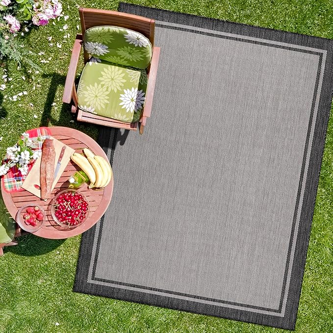 CAMILSON Indoor Outdoor Rug, 6x9 Bordered Gray Modern Area Rugs for Indoor and Outdoor Patios, Kitchen and Hallway Mats, Washable Porch Deck Outside Carpet (Bordered Grey, 6 x 9)