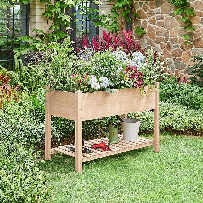 Yaheetech 47x23x32in Wooden Raised Garden Bed with Legs & Storage Shelf Horticulture Wooden Elevated Planter Box Vegetable Growing Bed for Flower/Herb/Backyard/Patio