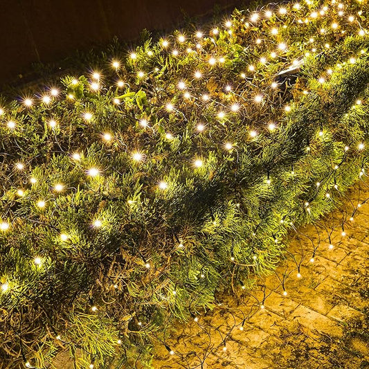 Dazzle Bright Christmas Net Lights, 360 LED 12FT x 5 FT Green Wire Waterproof Connectable Lights with 8 Modes, Christmas Outdoor Lights for Bushes Garden Party Wedding Holiday Decoration (Warm White)