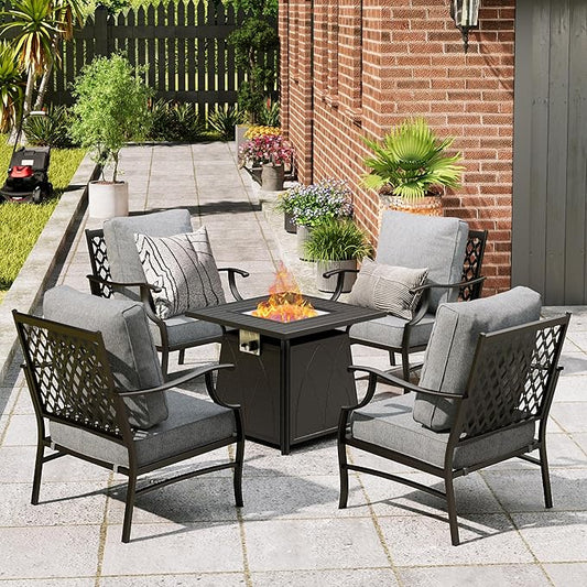 Patio Furniture Set with Fire Pit Table, 5 Pcs Metal Outdoor Conversation Set, 4 Single Chairs with 5.75" Extra Thick Cushion and 28" Fire Pit Table for Backyard Deck, Grey
