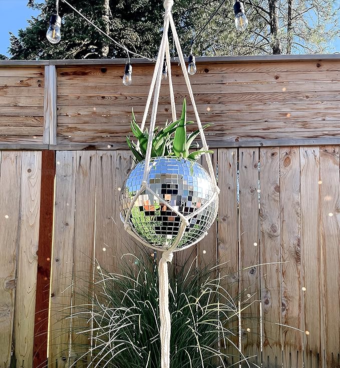 Hanging Disco Ball Planter 8" - with Acrylic Stand and Macrame Plant Hanger - Home Décor, Room Décor, Patio or Boho Décor, Mirror Disco Planter, Disco Decor (8" No Base)