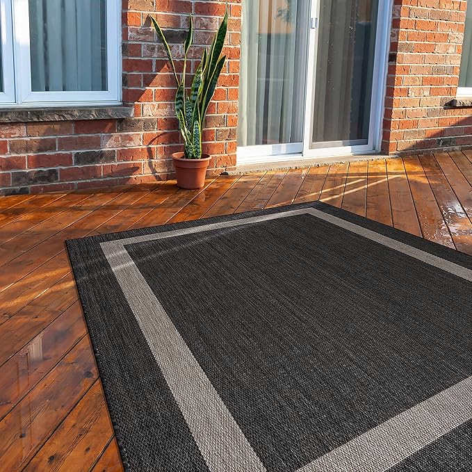 CAMILSON Outdoor Rug 9x12, Large Modern Outside Rugs for Patios Porches Waterproof Durable Washable Non-Shedding, Easy-to-Clean Indoor Outdoor Area Carpet (9 x 12, Bordered - Dark Gray/Light Gray)